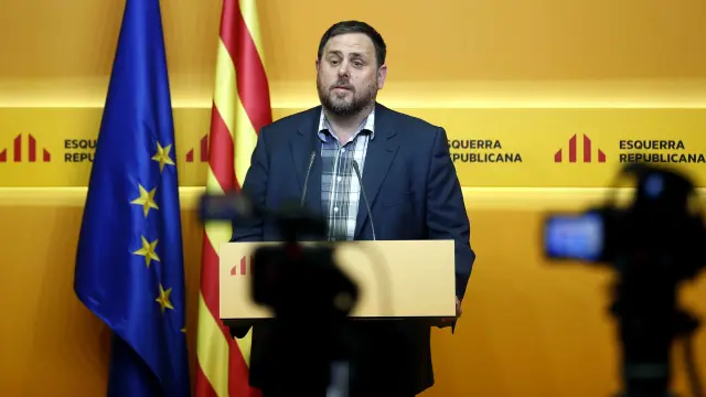 El presidente de ERC, Oriol Junqueras, durante la rueda de prensa.