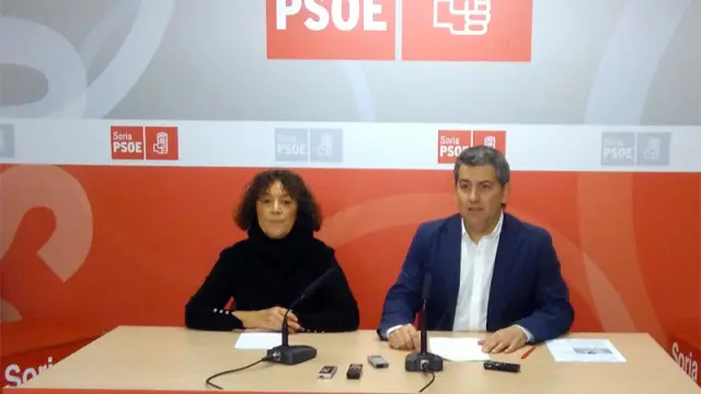 La portavoz socialista en Sanidad en las Cortes regionales, Mercedes Martín, acompañada del candidato socialista al Congreso por Soria, Javier Antón.