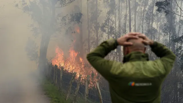 Uno de los incendios forestales en los montes próximos a la localidad cántabra de Viernoles