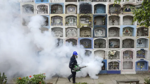 Un operario fumiga el cementerio de Nueva Esperanza, el más grande de Lima, para evitar contagios del virus Zika.