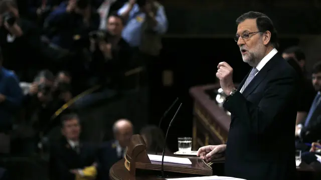 El presidente del Gobierno en funciones, Mariano Rajoy, durante su intervención hoy en el Congreso de los Diputados