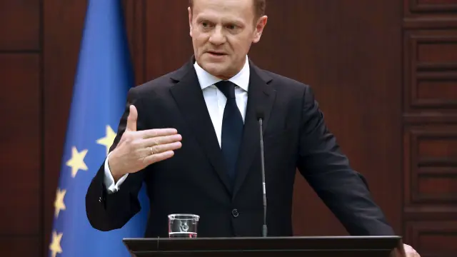 Donadl Tusk durante su intervención en su visita a Grecia.