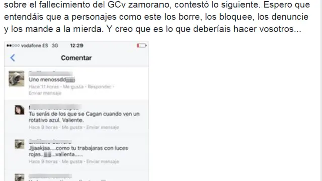 Publicación de Facebook de Clara San Damián en el que denuncia la actitud del usuario que se burló de la muerte de José Antonio Pérez.