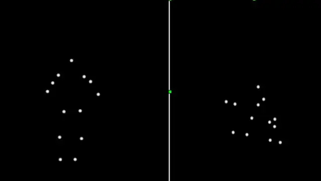 A la izquierda, los puntos se perciben como un cuerpo humano. A la derecha, al cambiarlos de sitio se pierde la percepción de un cuerpo.