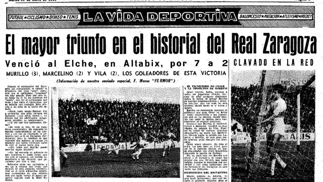 Encabezamiento de la página de HERALDO DE ARAGÓN en la que se contó el triunfo del Real Zaragoza en Elche por 2-7 en enero de 1961.