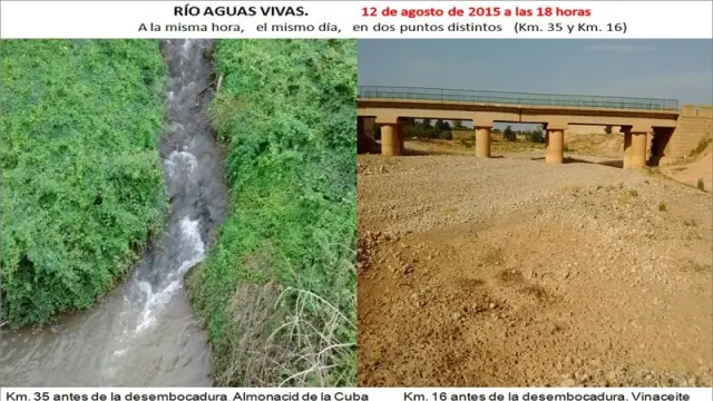 Imagen facilitada por Vialaz que muestra el caudal del río Aguas Vivas en distintos puntos.