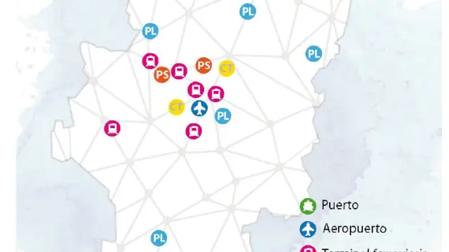 Mapa logístico y de transporte de Aragón.