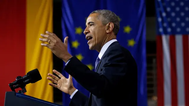 El presidente de EE.UU., Barack Obama, en un discurso durante su visita a Hanover, Alemania.