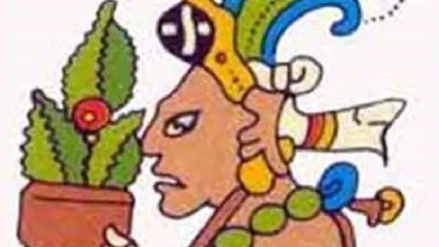 Representación del dios precolombino de la fauna y la flora silvestre Yum Kaax, portando una planta de maíz primitivo o teosinte