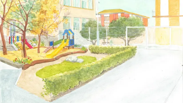Un padre del colegio, Iván Pagnnusatt, ha dibujado cómo quedará el futuro patio.