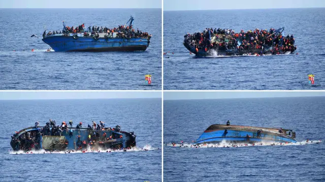 Secuencia de imágenes que muestra cómo volcó la embarcación frente a las costas de Libia.