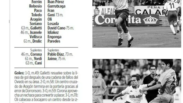 Ficha del partido Real Zaragoza-Real Oviedo de octubre de 2002 y fotografías del 1-0, marcado por Galletti, y del 3-0 logrado por Corona, que está obstaculizado por Paredes.