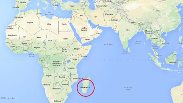 Mapa en el que se puede apreciar la distancia entre Madagascar (África) y Asia.