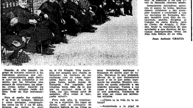 Noticia publicada en Heraldo de Aragón sobre las colonias de verano para ancianas solas y desamparadas.