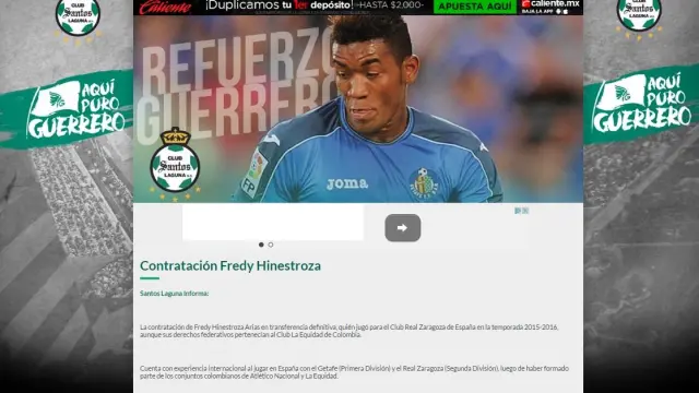Imagen de la página web oficial del Santos Laguna, club mexicano, en la que anuncia oficialmente el fichajes de Freddy Hinestroza.