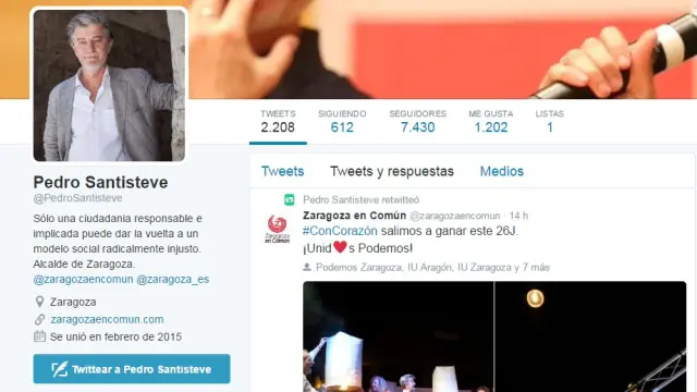 Twitter de Pedro Santisteve, alcalde del Ayuntamiento de Zaragoza.