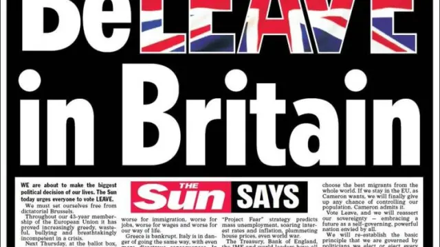 La portada de este martes, 14 de junio, del diario 'The Sun', que pide el voto por la salida de la UE.