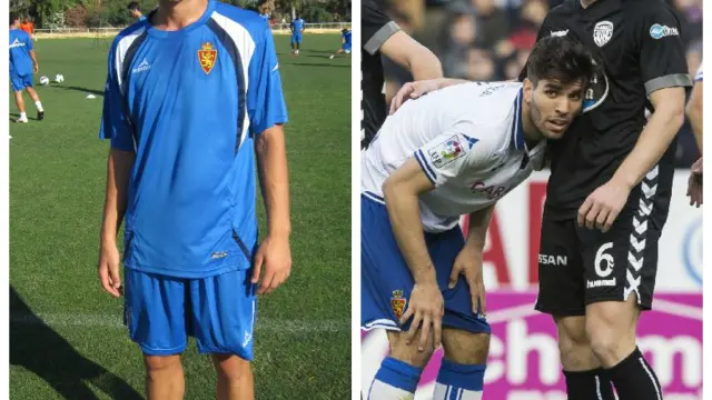 A la izquierda, Carlos Hernández el día de su llegada al Real Zaragoza, en julio de 2012, en la concentración de pretemporada en Costa Ballena (Cádiz). A la derecha, en La Romareda el pasado mes de febrero, con la camiseta del Lugo, junto a Cabrera.