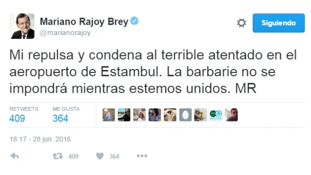 Mensaje de Mariano Rajoy en Twitter condenando el atentado en el aeropuerto de Estambul.