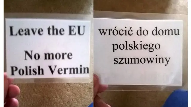 Panfletos difundidos en Huntingdon que dicen en inglés y en polaco "Dejamos la UE. Se acabó la plaga polaca".