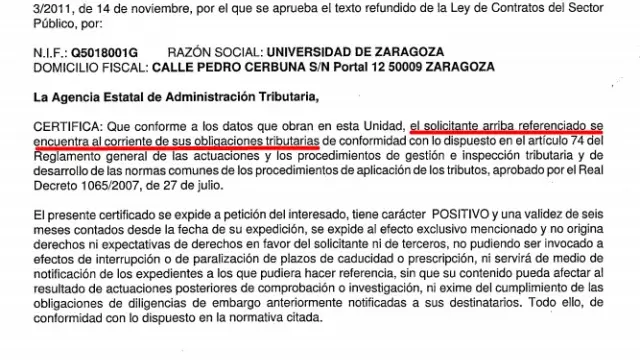 El documento de Hacienda que certifica que la Universidad de Zaragoza está al corriente de pago