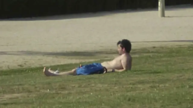 Un joven toma el sol sin camiseta en una zona verde de Zaragoza.
