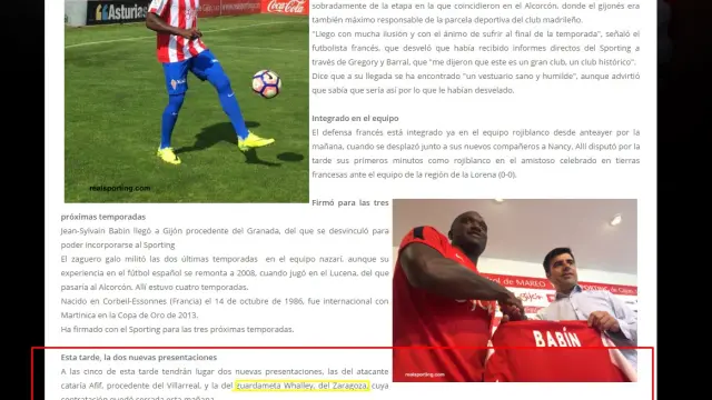 Imagen de la información colgada por el Sporting de Gijón en su página web donde se informa, en el último párrafo, del fichaje de Whalley por el club asturiano.
