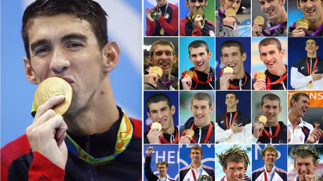 Montaje de Phelps con todas sus medallas de oro en los Juegos