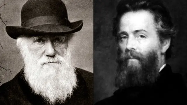 Retratos de Charles Darwin (izquierda) y Herman Melville (derecha), dos viajeros que narraron sus aventuras por las islas Galápagos de dos maneras muy distintas.