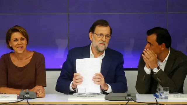 Rajoy, Dolores de Cospedal y Martínez Maillo durante el Comité Ejecutivo Nacional del PP.