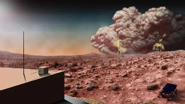 Recreación artística de una tormenta marciana.