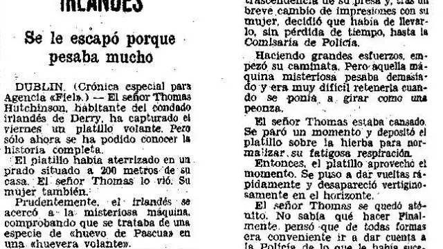 Noticia publicada en HERALDO en 1956 bajo el título 'Un platillo volante capturado por un irlandés'
