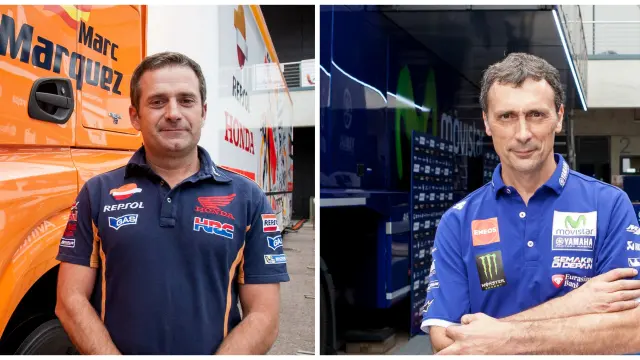 Carlos Liñán, jefe de mecánicos de Honda y de Marc Márquez; y Javier Ullate, responsable de la Yamaha de Jorge Lorenzo.