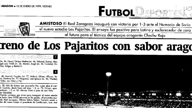 Encabezamiento de la información del partido en el que el Real Zaragoza acudió a Soria para inaugurar junto al Numancia el nuevo estadio de Los Pajaritos, en enero de 1999.