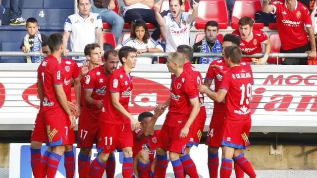 El Numancia celebra el segundo gol ante el Zaragoza marcado por Nacho.