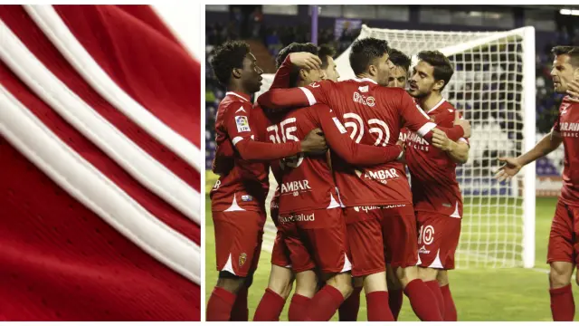 A la izda., detalle de la nueva camiseta roja del Real Zaragoza que será presentada este martes. A la dcha., el uniforme totalmente rojo que lució el equipo el año pasado, en este caso, en su último triunfo a domicilio, en Valladolid.
