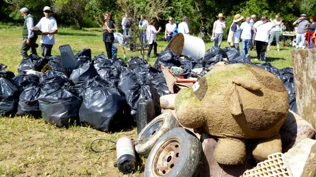 Un grupo de voluntarios realiza labores de recogida de basura en el soto de Villarroya