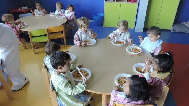 Varios niños del centro de educación infantil Las Pajaritas de Huesca comiendo.