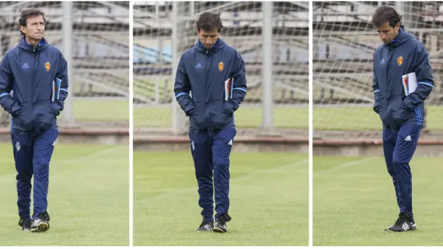 Tres imágenes de Luis Milla durante el entrenamiento de este lunes, sabedor ya de que su crédito como técnico del Real Zaragoza está prácticamente agotado.