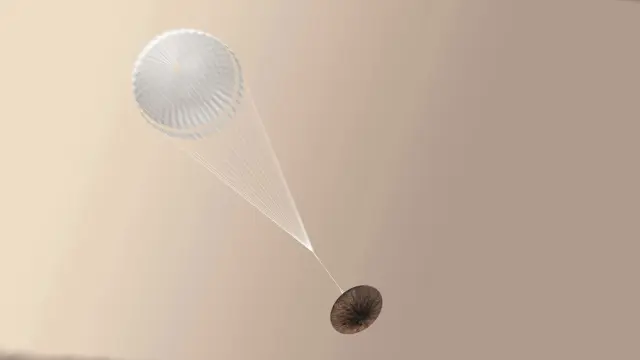 Imagen facilitada por la Agencia Espacial Europea (ESA) muestra una ilustración de un artista del módulo Schiaparelli durante su aterrizaje en Marte.