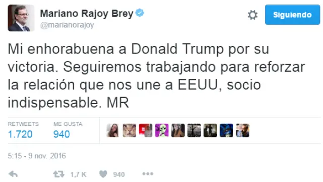 Mariano Rajoy ha felicitado a Donald Trump por su victoria a través de Twitter.