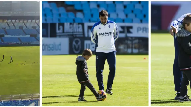 Raúl Agné y su hijo pequeño, Arnau, al inicio del entrenamiento de este jueves en La Romareda.