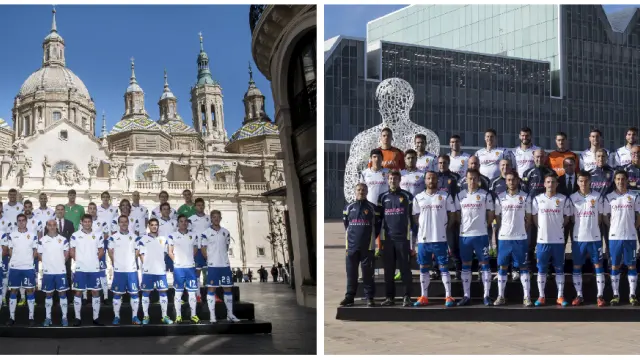 Las dos fotos oficiales del Real Zaragoza hechas últimamente en exteriores. Hace tres años, ante el Pilar en la calle Alfonso; y hace dos años, en la Expo.