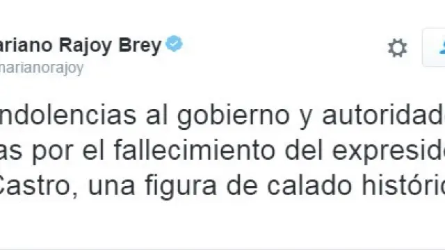 Mariano Rajoy expresa sus condolencias por la muerte de Castro en Twiter.