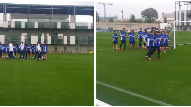 Dos momentos del entrenamiento que ha llevado a cabo el Real Zaragoza esta tarde en la Ciudad Deportiva Luis del Sol del Real Betis, en Sevilla.