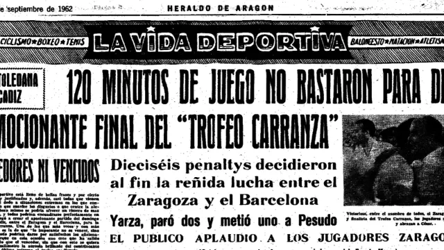 Cabecera de la crónica de la final del Trofeo Carranza entre el Barcelona y el Real Zaragoza en 1962, en la que se lanzó la primera tanda de penaltis de desempate de la historia del fútbol.