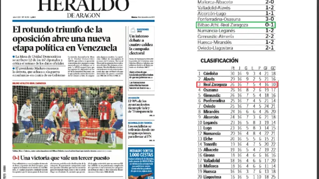 A la izda., la portada del Heraldo de Aragón que informa del triunfo del Real Zaragoza en Bilbao hace exactamente un año que lo puso 3º en la tabla. A la dcha. resultados y clasificación tras aquella 16ª jornada del curso anterior.