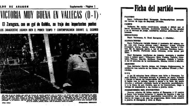 Información del HERALDO DE ARAGÓN sobre el Rayo Vallecano 0-Real Zaragoza 1 de enero de 1972.