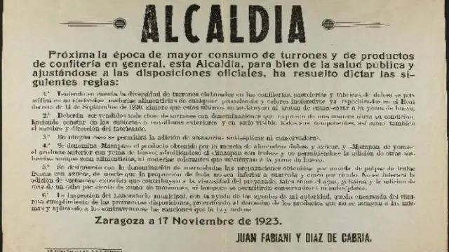 El bando sobre la correcta elaboración de turrón emitido por la Alcaldía de Zaragoza en 1920.