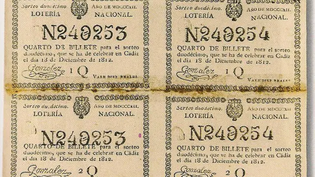 Un billete -dividido en cuatro cuartos- del sorteo de la Lotería Nacional celebrado el 18 de diciembre de 1812.